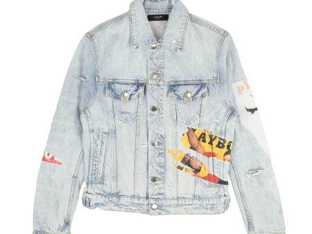 95-AMR-0011 S AMIRI_PLAYBOY_MGZNE_JACKET_BLU Blue Amiri X Playboy Magazine Trucker Lt. Vintage Denim Jacket Size S Discount