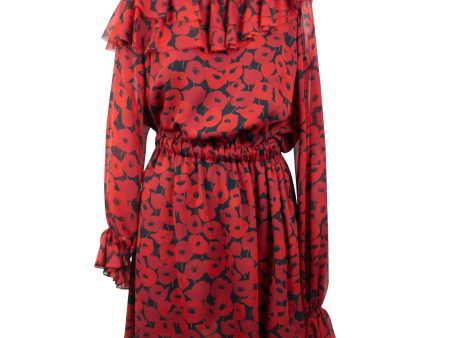 YSL-XTPS-0013 38 500216Y334S1094 RED Saint Laurent Off Shoulder Floral Dress Size 38 Hot on Sale